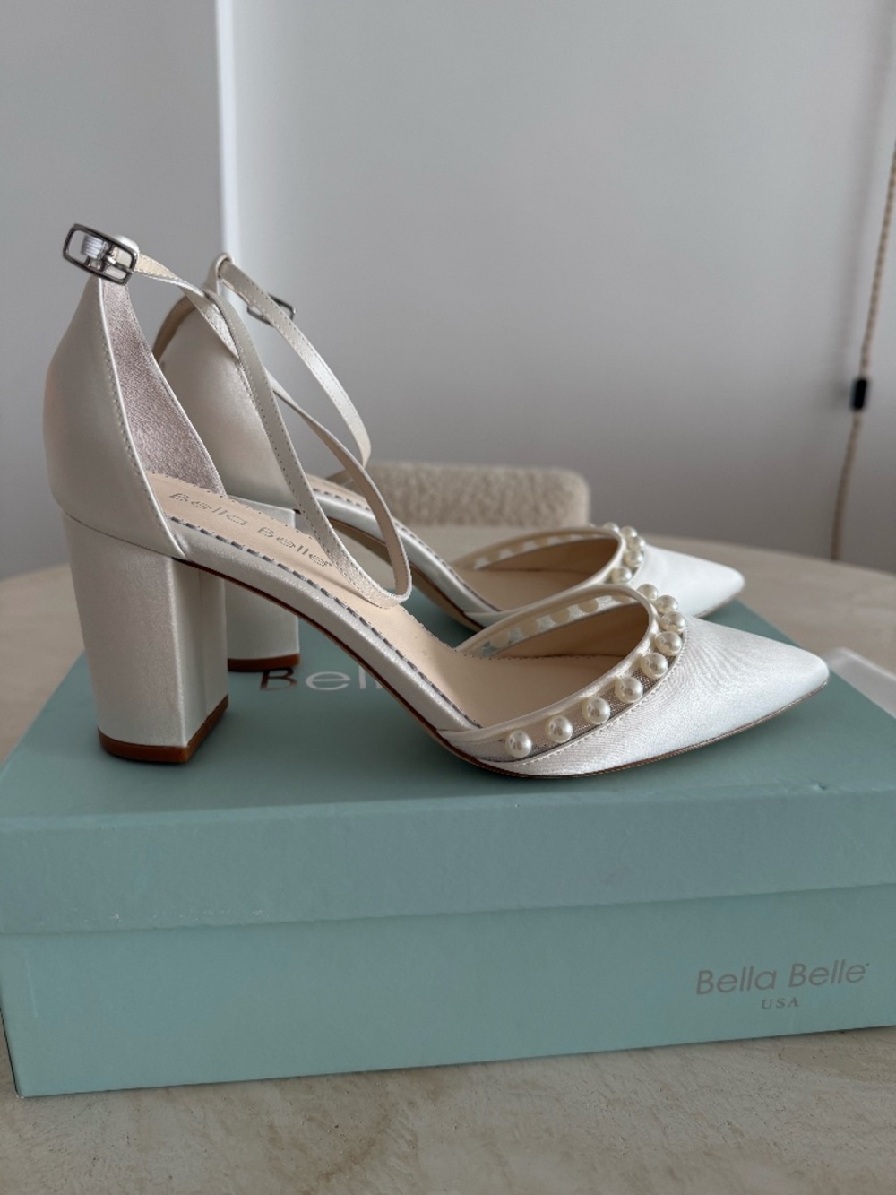 Bella Belle Emery Ivory Silk Pearl Embellished Block Heel Wedding Shoes 3 Inch